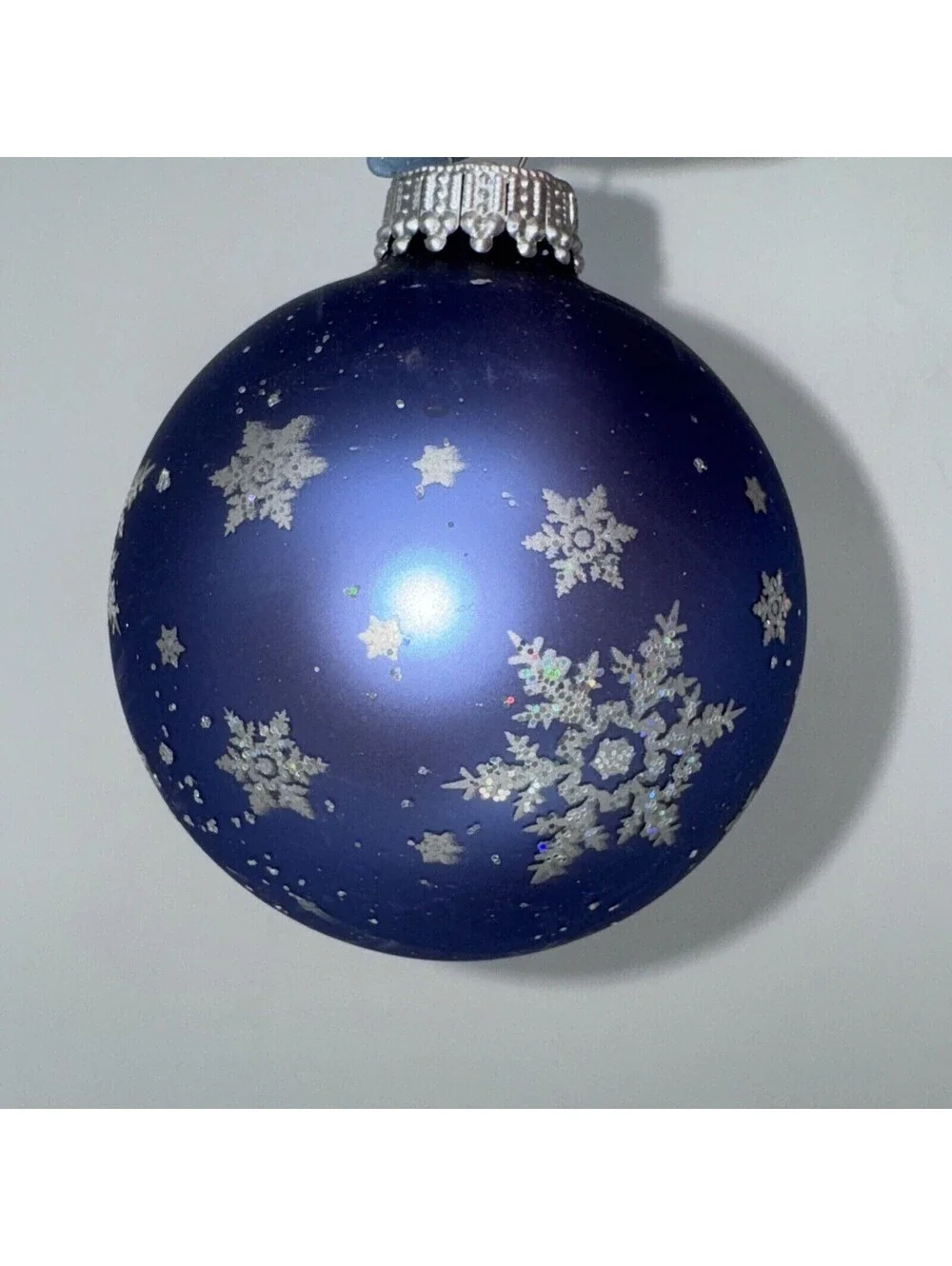 4 Vintage Christmas By Krebs Blue Glass Ball Ornament Silver Snowflake 2.5